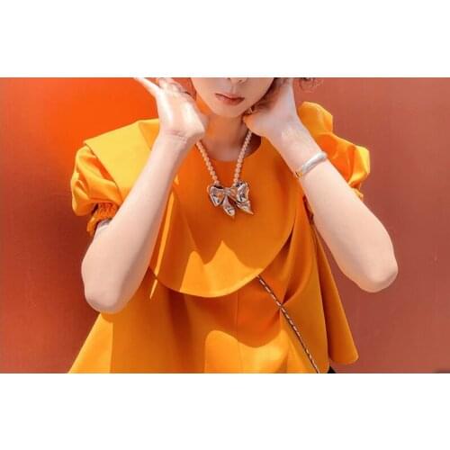 Vintage Irregular Crop Top 2021 Summer New Fashion Lapel Bubble Sleeve Orange Shirts for Women