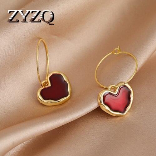 ZYZQ Vintage Wine Red Female Earrings Heart Earrings 2020 Fashion Sweet Heart Love Statement Earrings Party Jewelry For Women