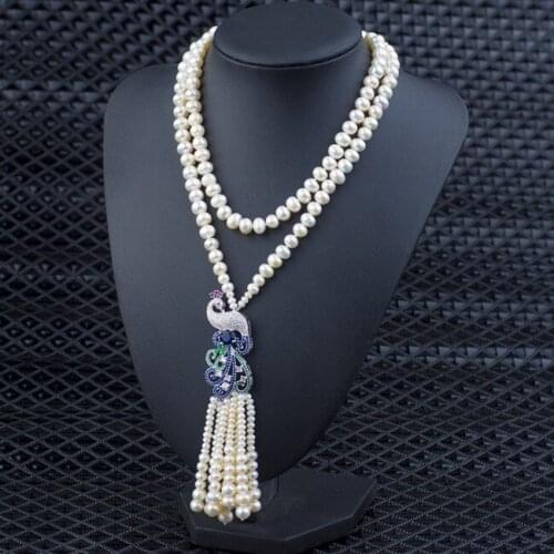 100% Natural Freshwater Pearls Necklace Micro Zircon Phoenix Pendant Long Necklace Tassel Pendant Necklace Fashion Sweater Chain