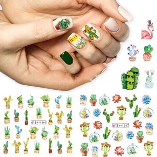12pcs/set Watermark Nail Sticker Flower Adhesive Cactus Succulent Cute DIY Manicure Nail Art Tips Decorations Nail Decals