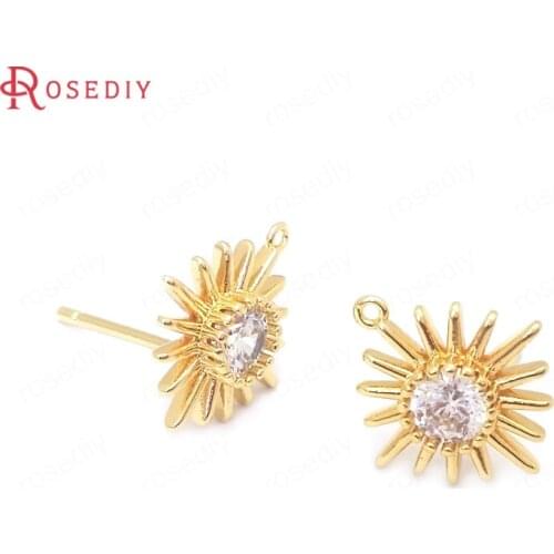 38417-G)6PCS 10x10MM 24K Gold Color Brass and Zircon Sun Star Stud Earrings Pins Earrings Jewelry Making Supplies Accessories