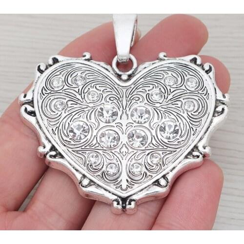 5 x Large Tibetan Silver Rhinestone Heart Charms Pendants for Necklace Jewelry Making Findings 61x49mm