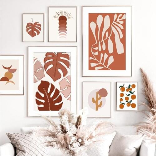 Abstract Geometric Monstera Cactus Orange Wall Art Canvas Painting For Living Room Home Decor Nordic Poster Prints Wall Pictures