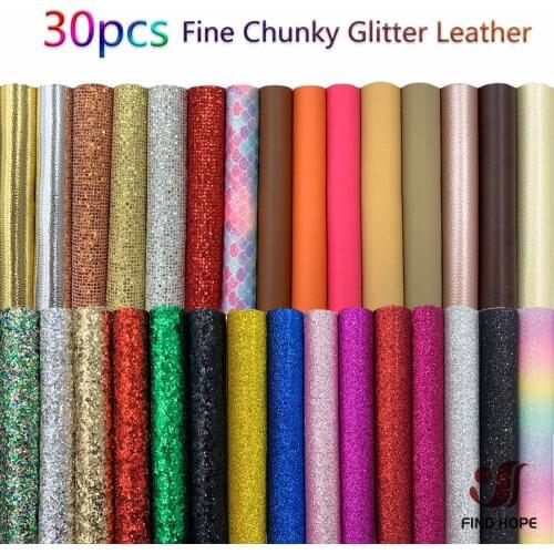 30pcs Bundle Fine Chunky Glitter Synthetic Vinyl PU Leatherette Fabric Sparkle DIY Brooch Bows Handmade Earring Making 20*15cm