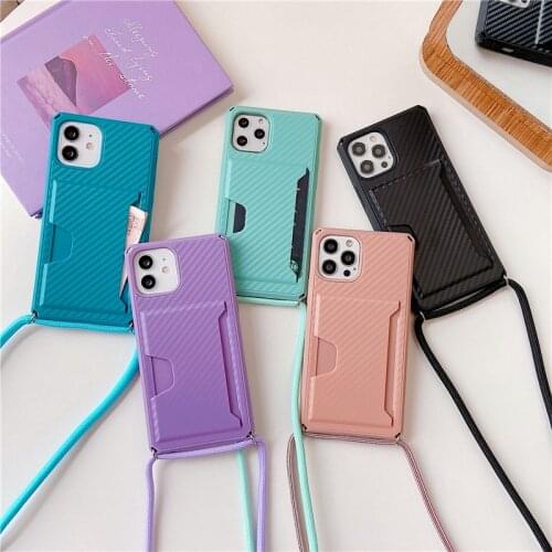 For iPhone 12 11 Pro Max Mini XR X XS Max 7 8 Plus SE 2020 Carbon Fiber Card Bag Necklace Strap Rope Cord Soft Shockproof Cover