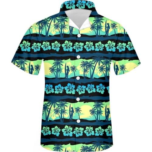 FORUDESIGNS Men Button Shirt Hawaii Hibiscus Palm Tree Pattern Summer Loose Casual Beach Short Sleeve Shirt Boys Button Tees