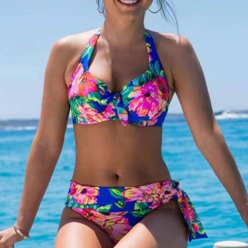 2021 Sexy Bowknot Backless Bikini Set Fashion Women Swimwear Printing Halter Beach Two Piece Swimsuit Push Up Soft Padd Biquini