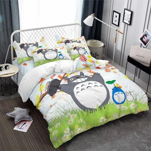 Cartoon Totoro Bedding Set 3D Digital Printed Umbrella Anime Duvet Cover Flowers Bed Quilt Cover Set Pillowcase(No Sheets)