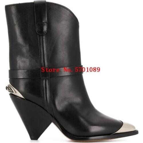 Black Leather Lamsy Boots Mid-west Streets Cowboy Boot Metal Toe Cap Crossover Straps Pull-on Style Chunky Mid-heel Shoes