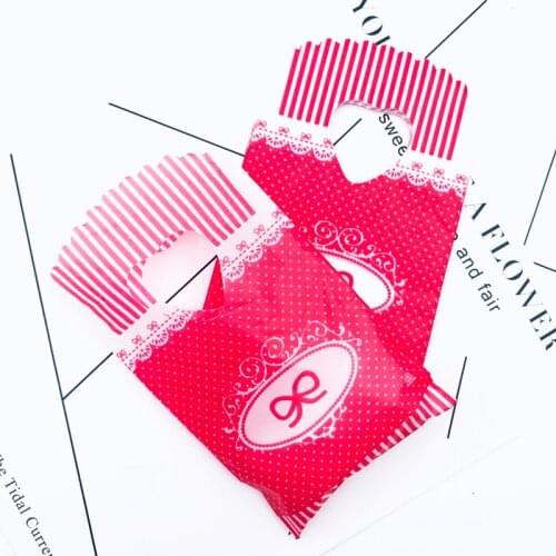 Red White Bow Dot Design 250pcs Plastic Handle Bag 9x15cm Jewelry Boutique Gift Bag With Handles Small Plastic Packaging Bags
