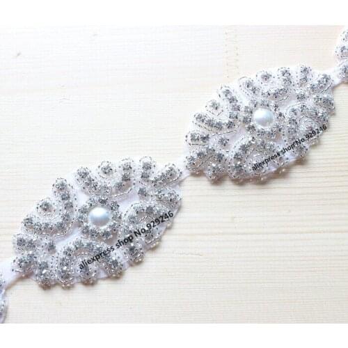 2pcs fashion crystal rhinestone chain hotfix yard trims with round pearl for bridal wedding dress decoration garment accessory