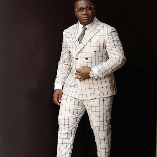 Handsome Groomsman Plaid 2 Piece Double Breasted Jacket+Pants Mens Suits For Wedding Dinner Check Blazer Tailored Coat Bestman