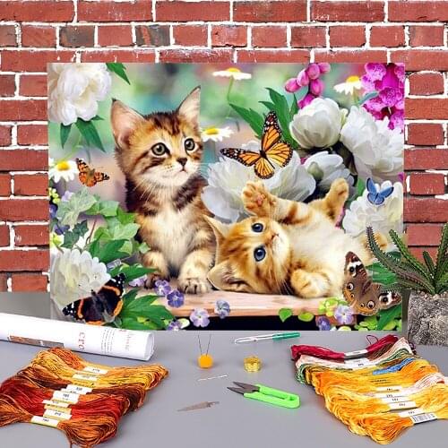 Animal Cat Printed Canvas 11CT Cross Stitch Set Embroidery DMC Threads Handicraft Hobby Sewing Needlework Design Wholesale