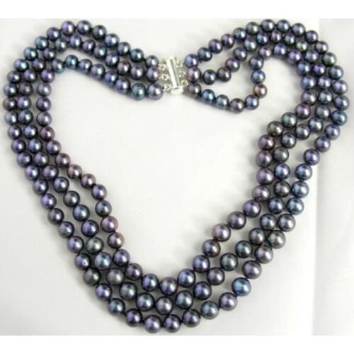 NEW 3 Row Black 7-8mm Freshwater Cultured Pearl Necklace 17-19"