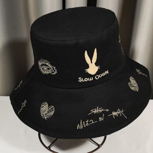 Womens Rabbit Bunny Bucket Hat Bob Men Black White Embroidery Autumn Hip Hop Panama Caps Streetwear Fishing Sun Fisherman Hat