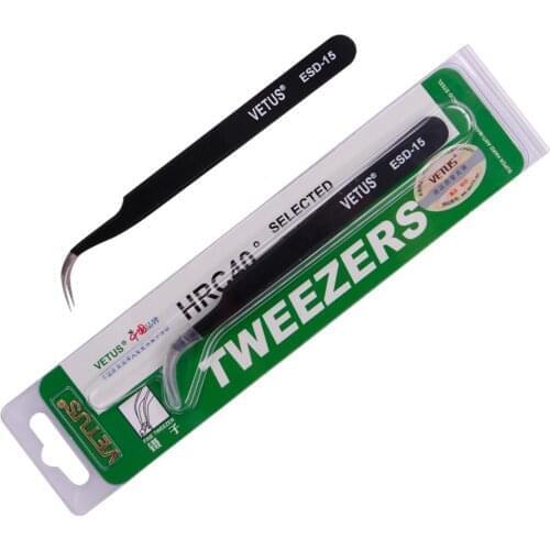 Vetus ESD Tweezers Tool Antistatic High Precision Tip Curved Straight Black Stainless Tweezer