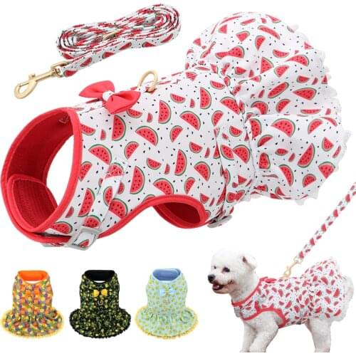 Cute Printed Chihuahua Dog Cat Harness Leash Set Summer Pets Puppy Clothes Dress Small Dog Vest For Pug Yorkie French Bulldog