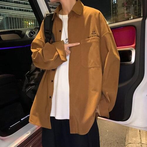 2021 Mens Corduroy Fabric Pure Color Loose Casual Shirts Front Pocket Lapel Collar Long Sleeve Shirts Clothes Camisa Masculina