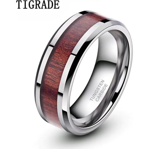 Tigrade Wood Inlay Tungsten Men Rings 8mm Wooden Unique Mens Rings Wedding Engagement Band Male Jewelry for Party bague homme