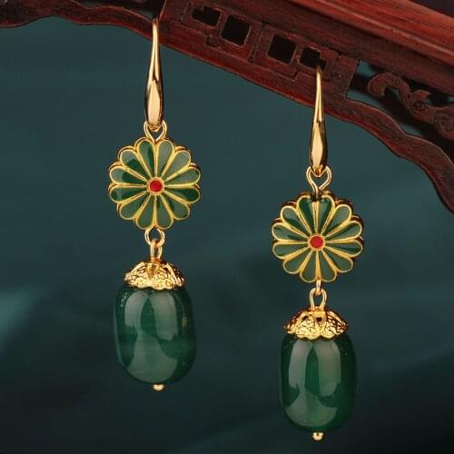 Vintage Chinese style Natural green stone drop earrings Ethnic flower Hanging Dangle Earrings Modern Female Jewelry for women
