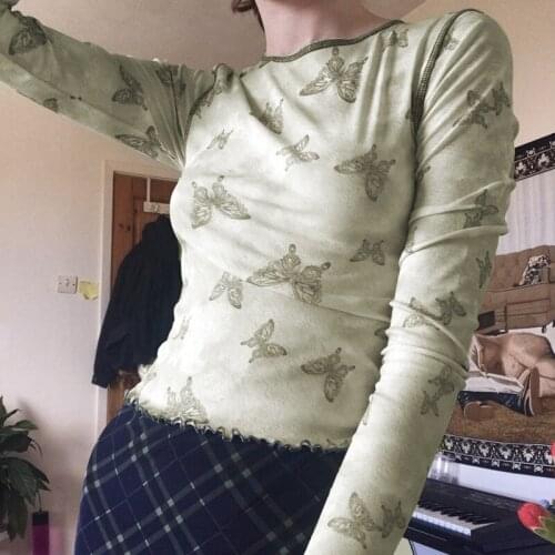 Women Color Block T-shirt,Spring and Autumn Fashion Slim Adults Butterfly Print Long Sleeve Round Neck Lettuce Trim Pullover