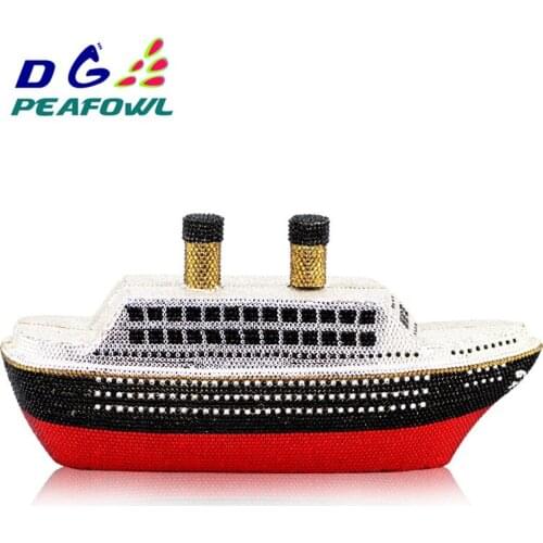Womens Fashion 3D Ship Steamer Crystal Clutch Evening Bag Lady Metal Clutches Minaudiere Wedding Handbag Travel Toiletry Purse