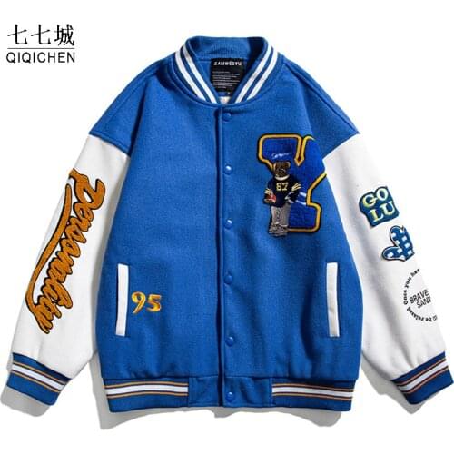 Baseball Varsity Jacket Men Women Cartoon Furry Bear Letter Embroid Hip Hop Bomber Jacket Unisex Streetwear Casual College Coat