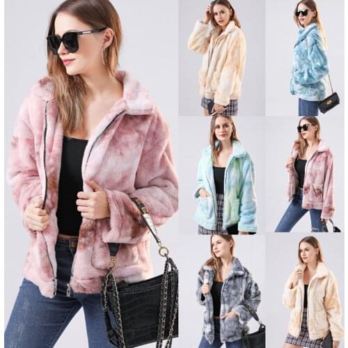 2020 tie dye long sleeve zipper high neck Faux lambswool crop Plush tops autumn winter women streetwear solid zipper coat jacket