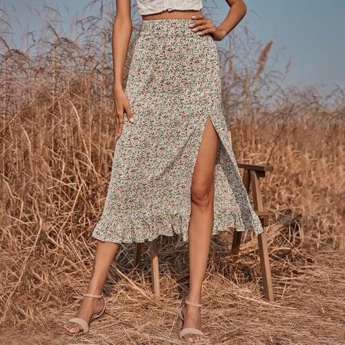 High-Waisted Skirt Female Casual Summer Midi Skirt Ladies Patchwork Ruffles Flowers Sexy Women Beach Sarong Skirts Womens 2021