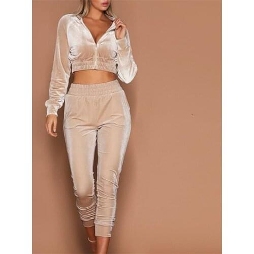 2019 Autumn Women Velvet Sets Clothing Tracksuits Solid 2Pcs Long Sleeve Zipper Coats Crop Tops+Sport Pants Women Outfits
