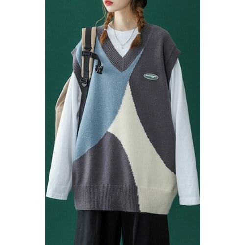 LEGIBLE 2021 Autumn Winter Women Sweater Vest Patchwork Sleeves Sweaters Female Oversize V Neck Pullover Sweater