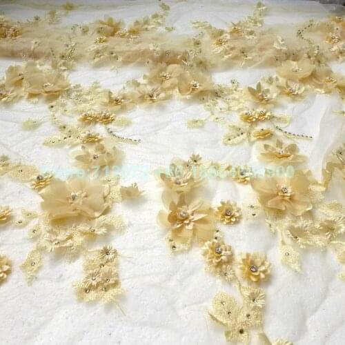 La Belleza 1 yard New fashion yellow 3D flowers Rhinestones on netting embroidered wedding/evening dress lace fabric 1 yard