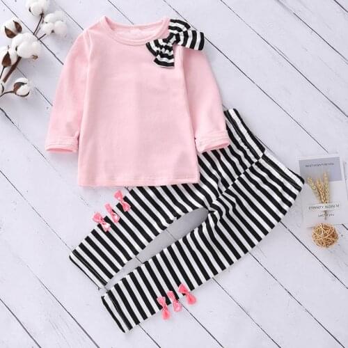 Winter Bow Striped Children Suit Toddler Girl Kids Clothes Long Sleeve Bow T-shirt+Stripe Pants Outfits Set ropa invierno niña