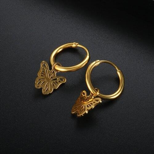 ZMFashion Hollow Butterfly Pendant Earrings For Women Stainless Steel Simple Insect Hoop Earrings Charm Jewelry Accessories Gift