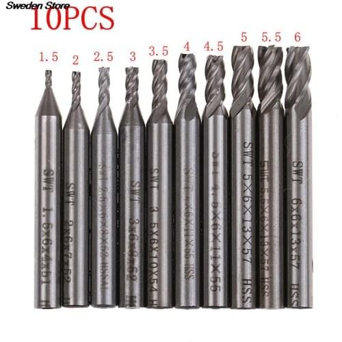 10Pcs/lot High Speed Steel 1.5-6mm HSS Straight Shank 4 Flue End Mill Cutter CNC Drill Bit Tool Sets HOT