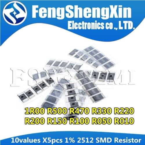 10values X5pcs=50pcs 2512 1W 1% 1R00 R500 R470 R330 R220 R200 R150 R100 R050 R010 SMD Resistor Samples kit