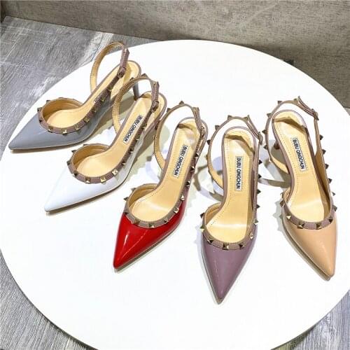2021 summer new style fashion women pumps nude patent leather spikes pointy toe stiletto stripper slingback High heels shoes 8cm