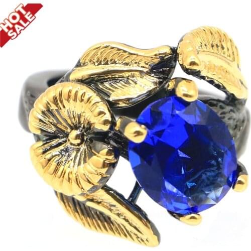 22x20mm Neo-Gothic Handmade Created Deep Blue Sapphire For Man Cool Black Metal Silver Rings HipHop Eye Catching