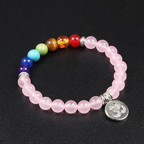 7 Charka Bracelet Healing Pedant Natural Stone Pink Quartz Beaded Men Women Buddha Meditation Yoga Bracelets Charm Jewelry Gifts