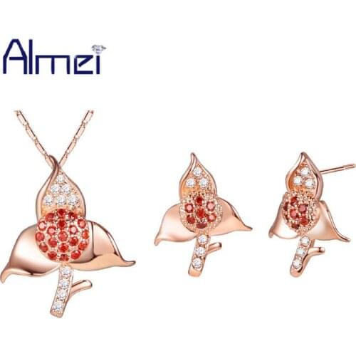 Almei 49% off Rose Gold Color Jewelry Sets CZ Zircon Jewellery Silver Necklace Set Red Stones Flower Wedding Bijoux Femme T595