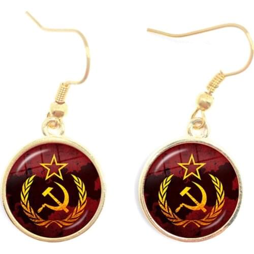 USSR Soviet Badges Sickle Hammer Drop Earrings CCCP Russia Emblem Communism Sign 16mm Glass Cabochon Ear Jewelry For Women Girls