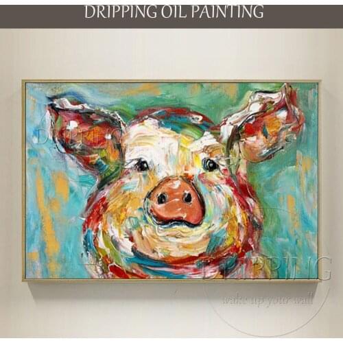 Funny Design Hand-painted Lovely Piggy Head Oil Painting on Canvas Textured Knife Modern Abstract Cartoon Pig Head Oil Painting