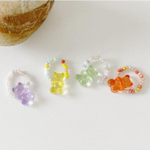 Gummy Bear Ring with Beaded Transparent Rainbow Colorful Candy Resin Rings for Women Girl Summer New Jewelry Gidts