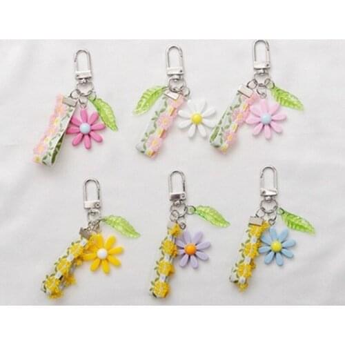 Korean Lace Ribbon Keychain Keyring For Women Girl Jewelry Cartoon Resin Flower Leaf Key Holder Decoration Kids Gift