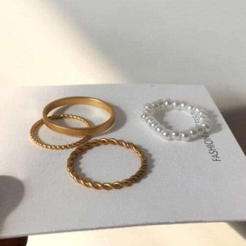 Korean Gold Ring Set Simple Gold Circle Rings Adjustable Beaded Pearl Rings for Women Fashion Jewelry