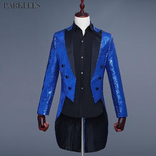 Royal Blue Gorgeous Sequin Tuxedo Blazer Men 2018 Brand New Nightclub DJ Stage Suit Blazer Men Singer Magician Costume Outfit