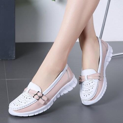 Summer Genuine Leather Casual Shoes Women Lightweight Flats Hole Spring Moccasins Loafers Ladies Slip-on Non-slip Walking Shoes