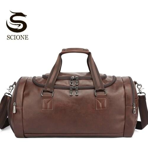 Mens PU Leather Travel Bag Large Weekend Travelling Duffle Handbag Vintage Holiday Shoulder Bags Male Holiday Handbags XA100M