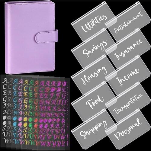 A6 PU Leather Notebook Binder Budget Planner Cover with 12 Pieces Personal Cash Binder Budget Envelopes and 8 Alphabet Stickers