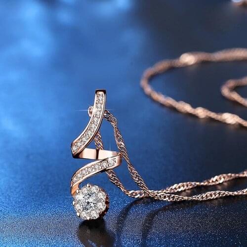Spiral flower shape hanging pendant necklace setting cubic zirconia water wave chain rose gold color necklace for women